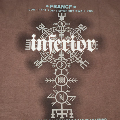 Clothora Men's Brown Inferior Rune Symbol Graphic Oversized T-Shirt | Heavyweight Streetwear Tee(1061)