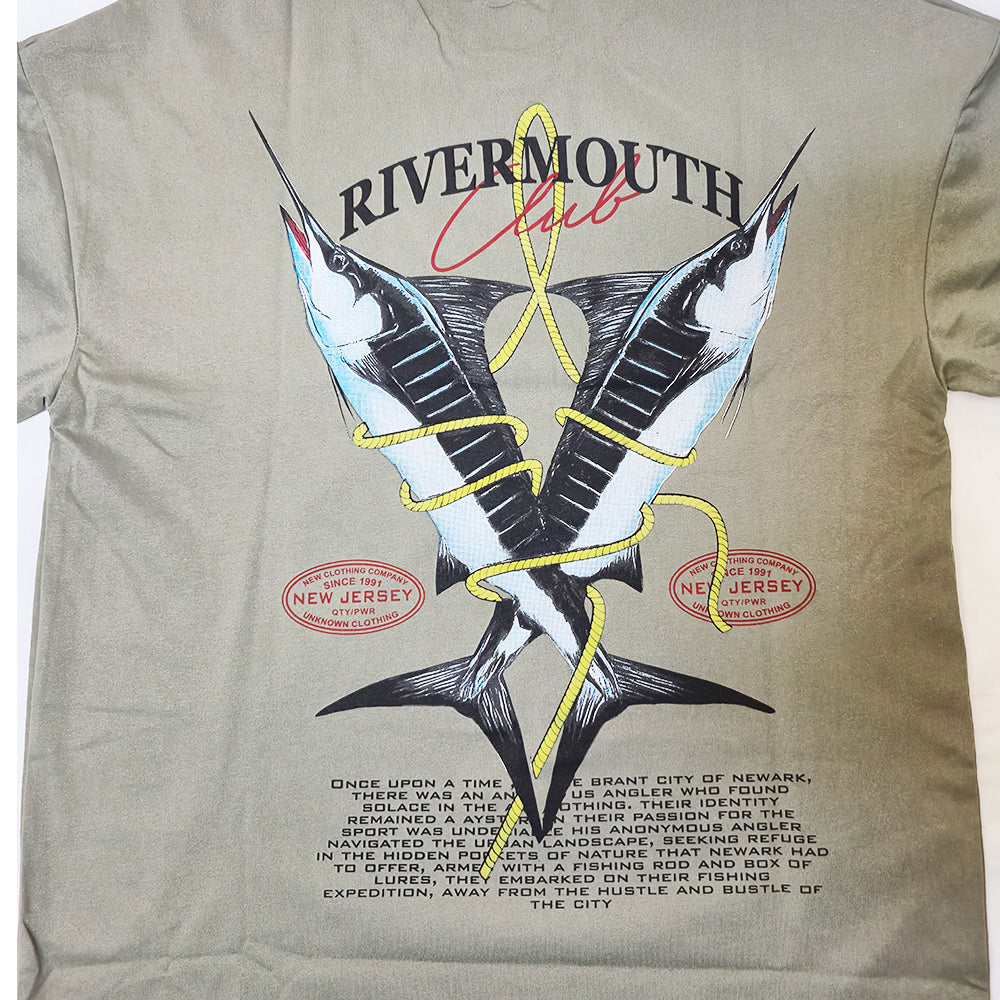 Clothora Men's Sage Green Rivermouth Club Marlin Fish Graphic Oversized T-Shirt | 1057