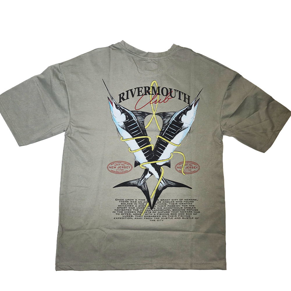 Clothora Men's Sage Green Rivermouth Club Marlin Fish Graphic Oversized T-Shirt | 1057