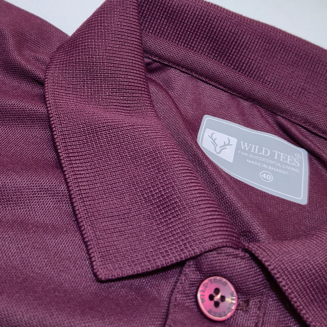 WINE Wild Clothing Men Solid Old Money Style Textured Knitted Button Collar Polo T-Shirt (1034))