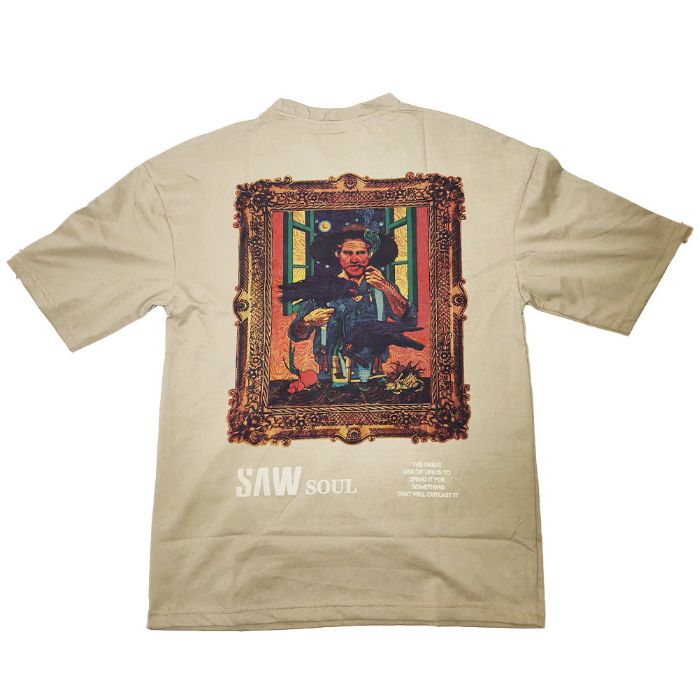 Clothora Men's Beige Saw Soul Van Gogh Art Print Oversized T-Shirt | Aesthetic Streetwear Tee(1055)