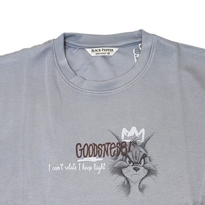 Clothora Men's Grey Goodness Grumpy Cat Graphic Oversized T-Shirt | Cartoon Streetwear Tee(1063)