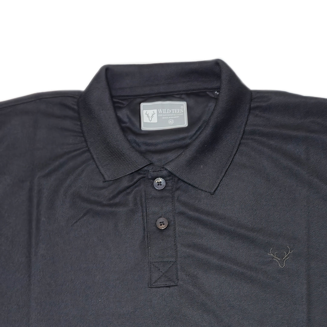 Black Wild Clothing Men Solid Old Money Style Textured Knitted Button Collar Polo T-Shirt (1027))