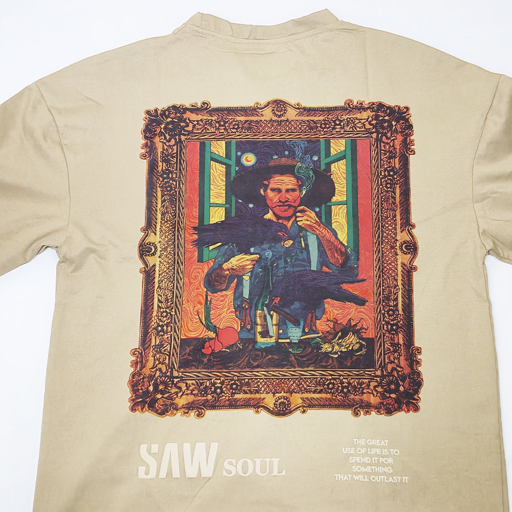 Clothora Men's Beige Saw Soul Van Gogh Art Print Oversized T-Shirt | Aesthetic Streetwear Tee(1055)