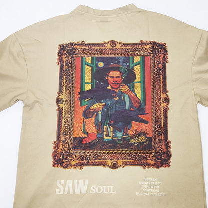 Clothora Men's Beige Saw Soul Van Gogh Art Print Oversized T-Shirt | Aesthetic Streetwear Tee(1055)
