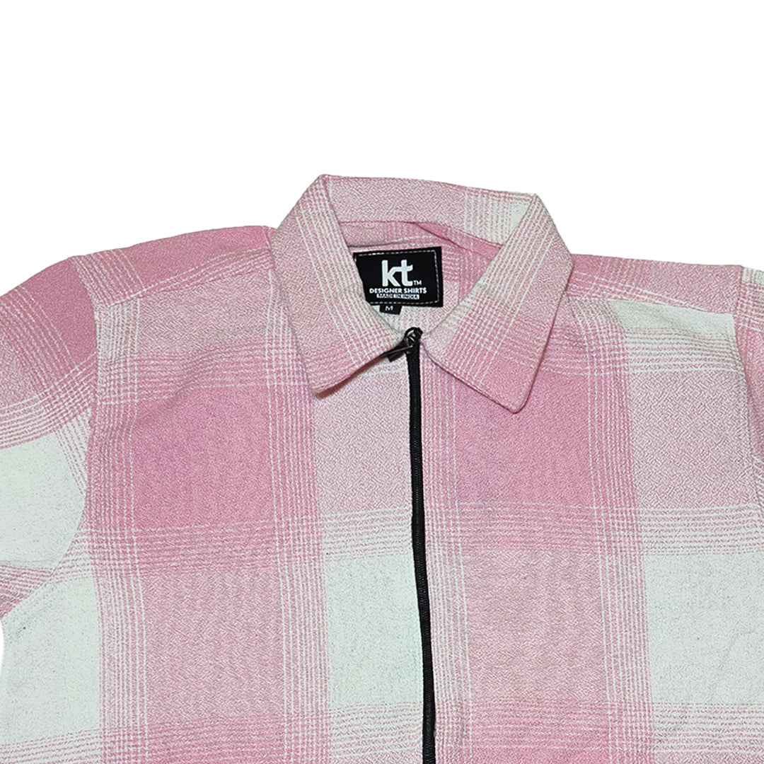 LIGHT PINK Men Vintage Checked Knitted Full-Zip Casual Overshirt Jacket | Classic Check Pattern Regular Fit Winter Over-Shirt(1052)