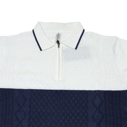 Men Solid Old Money Style Textured Knitted Colorblock Zip Collar Polo T-Shirt(1036)
