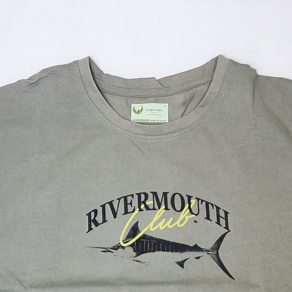 Clothora Men's Sage Green Rivermouth Club Marlin Fish Graphic Oversized T-Shirt | 1057